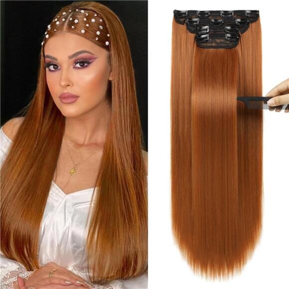 20" Straight Long 4 PCS Set Thick Clip in on Hair Extensions Copper Red